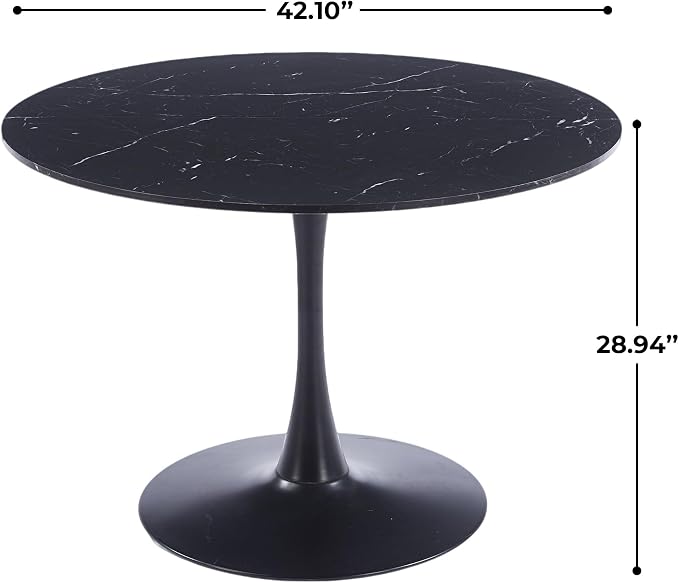 42" Tulip Table for 4-6 Persons Modern Round Dining Table, Mid-Century Modern Black Marble Small Kitchen Table with MDF Wooden Top, Leisure Coffee Table for Living Room, Dining Room, Office