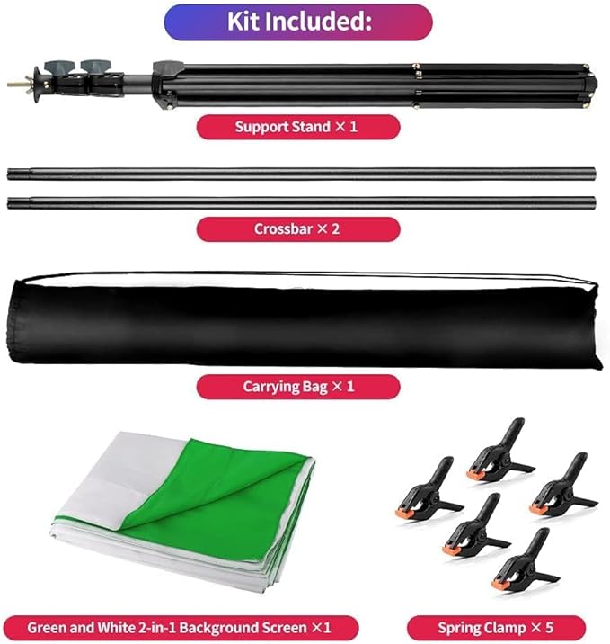 2-in-1 White Backdrop Green Screen Backdrop Stand Kit, 5x6.5 ft Greenscreen Background with Stand for Streaming, Zoom, Photography, Video with Clips & Carrying Bag