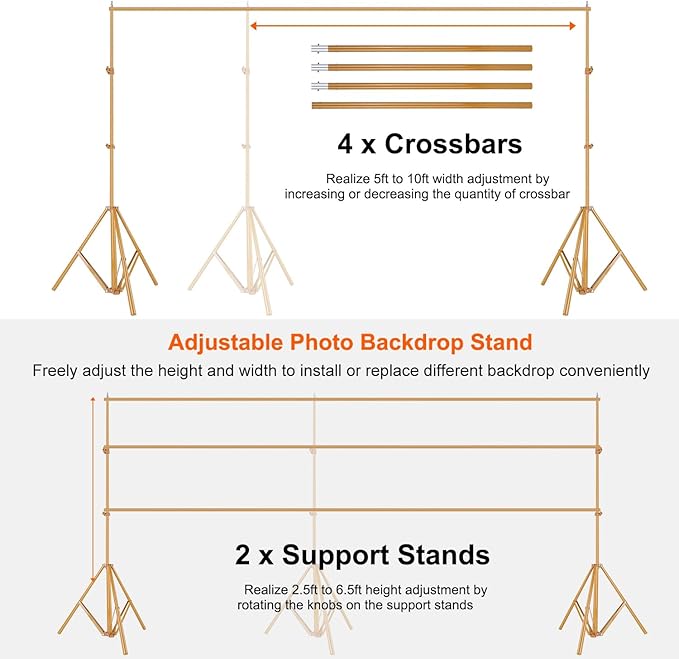 iMounTEK Backdrop Stand for Parties, Banner Stand Photographic Studio Photo Backgrounds 10ft Adjustable Photo Backdrop Stand Kits with a Carrying Bag Photo Backdrop Stand for Birthday/Wedding(Gold)