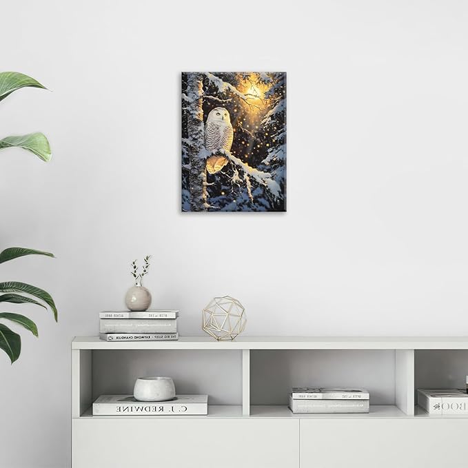 Owl Wall Art, Winter Snow Owl Pictures Wall Decor, Forest Animal Canvas Prints Painting, Framed Artwork for Bathroom Living Room Bedroom Office Dining Room 20"X16"