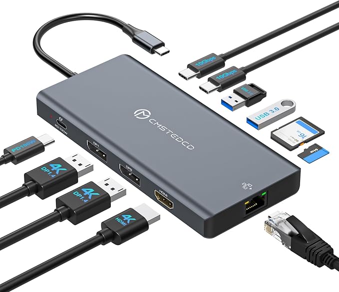 Laptop Docking Station 3 Monitor, 4K@120Hz Dual DisplayPort, 4K@60Hz HDMI, 12-in-1 USB C Hub, 10Gbps USBC 3.2, USB 3.0, PD100W, Ethernet SD/T, Triple Docking Station Multiport Adapter for Windows