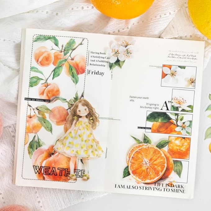 MiyouLuna 60 Pcs Large Garden-Inspired PET Stickers, Fruit-Themed for Scrapbooking, Journaling, DIY Crafts, with Organizer