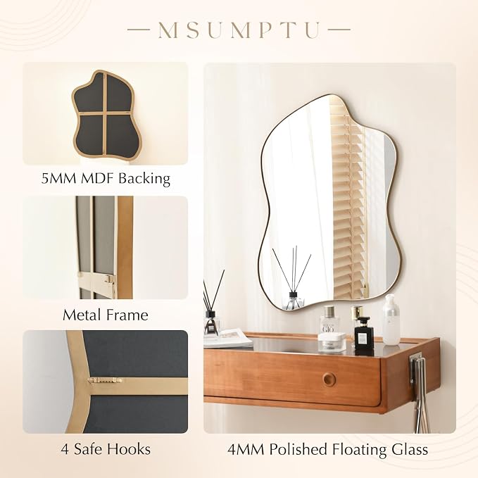 Irregular Wall Mirror Brass Wave Shaped Metal Framed Wall Mirror for Bathroom Bedroom Entryway Living Room Wall Decor 28" L x 20" W 2304G