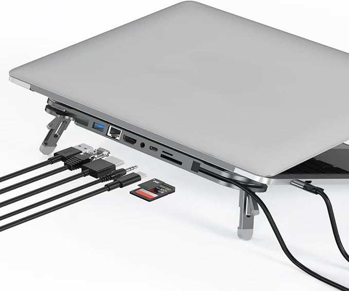 Aluminum USB C Laptop Stand 7 Port Expansion Adapter 4K60Hz 100W Charging Gigabit Ethernet Card Reader Foldable Computer Type C Docking Station