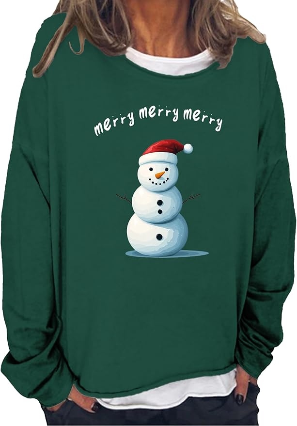 LOAIHA Christmas Shirts for Women Crewneck Snowman Snowflake Santa Graphic Shirts Christmas Tree Long Sleeve Xmas Hoodie