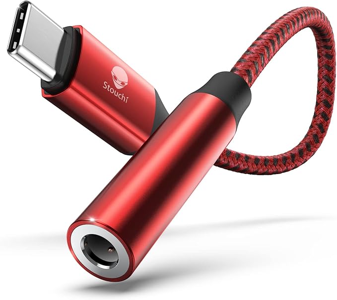 Stouchi USB C to 3.5mm Dongle Adapter, Type C Headphone Audio Jack Cable Cord Hi-Fi DAC Chip for iPhone 17/16 /15, Pixel 9/8 /7/6, iPad, Samsung Galaxy S25 S24 S23 Ultra (1, Red, 0.38ft*1)
