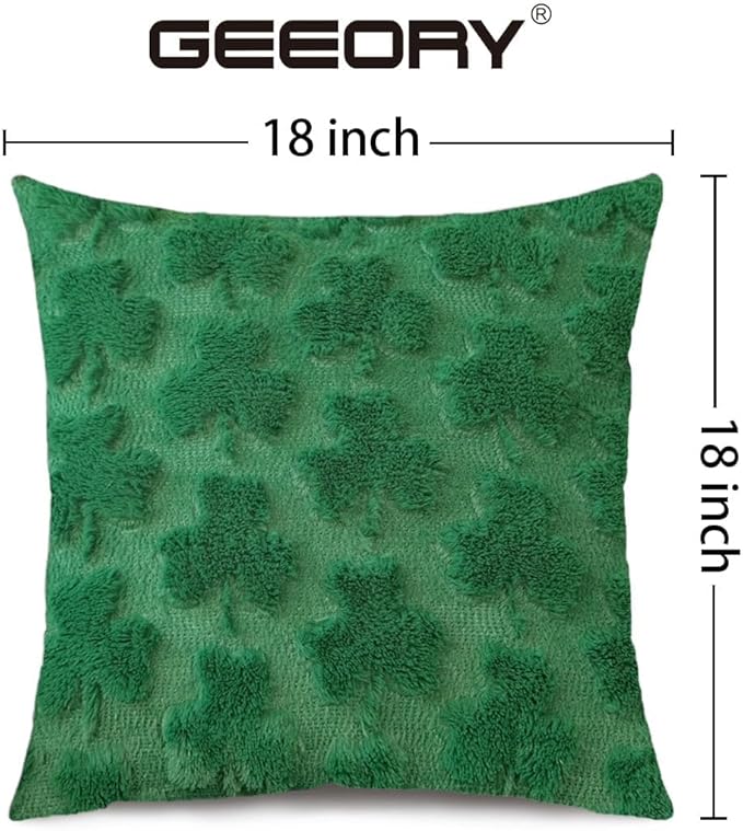 GEEORY St. Patrick's Day Soft Plush Green Shamrock Pillow Covers 18 x 18 Inch Set of 2, Lucky Clover Faux Fur Wool Farmhouse Throw Pillowcases for Home Sofa Couch Cushion Decoration GC012-18