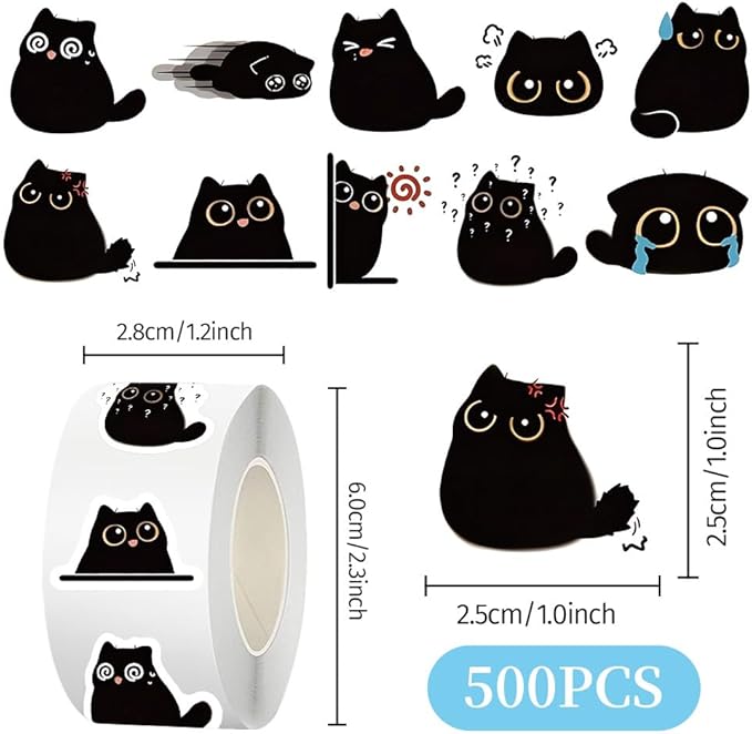 500 Pcs Black Cat Stickers Roll, 10 Styles Cute Cartoon Kitten Sticker, Waterproof Vinyl Cat Party Favors for Journals, Laptops, Scrapbooking Bulk Stickers for School & Birthday Goodie Bags