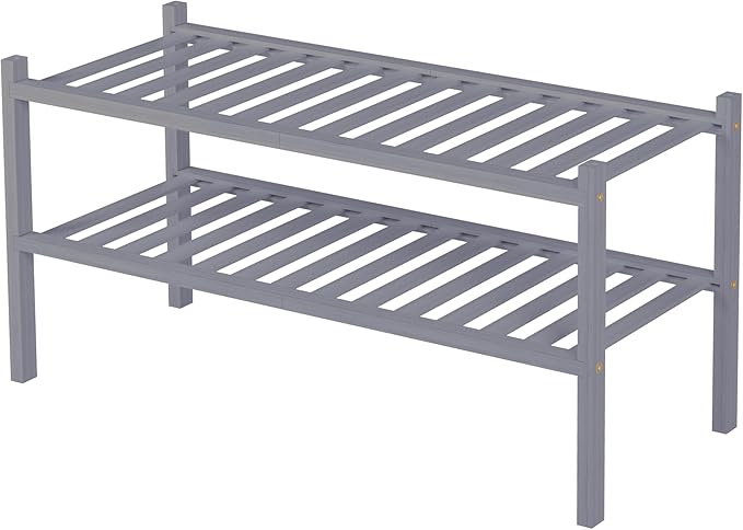 2 Tier Bamboo Shoe Rack for Closet Free Standing Wood Shoe Shelf for Entryway Small Space Stackable 27"x11"x13" (Grey)
