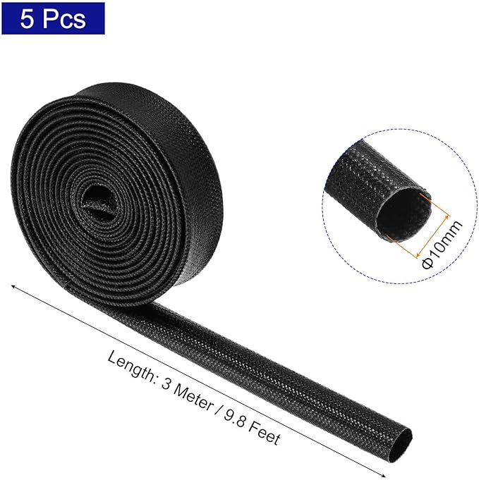 MECCANIXITY 5Pcs Wire Insulation Braid Fire Sleeve,9.8Ft-10mm ID Black, High Temp Silicone Coated Fiberglass Sleeving for Automotive Hose Lines Electrical Wiring