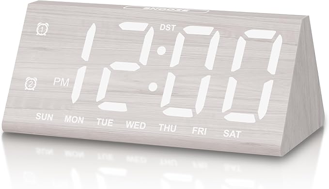 Digital Alarm Clock, with Wooden Electronic LED Time Display, 3 Alarm Settings, Humidity & Temperature Detect, Wood Made Electric Clocks for Bedroom, Bedside, Desk (White-Big Bold)