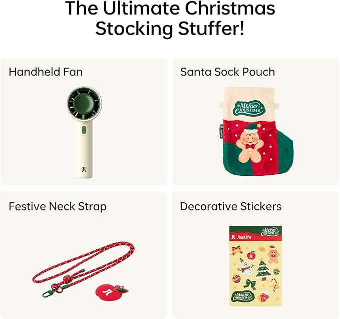 JISULIFE Portable Fan Christmas Gifts, 4000mAh Mini Handheld Fan with Neck Strap, Stickers, Christmas Stockings, Ideal for Travel, Camping. Gifts for Women, Men, Kids (Beige)
