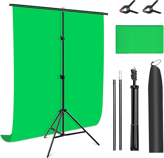 Green Screen Backdrop Kit with Stand, PULUZ 3.2x6.5ft Portable GreenScreen Background Stand, T-Shape Green Screen Stand kit with Clamp Carrying Bag for Streaming Video and Photography Shoots