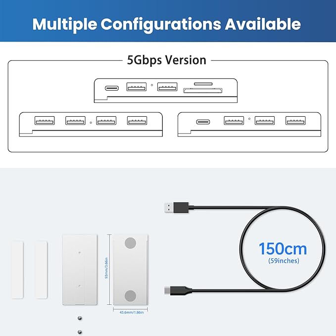 EJAY 5-in-1 Magnetic USB 3.0 Hub with SD/TF Card Reader, 2 USB-A + 1 USB-C Ports, Includes Sliding Rail, Screws & Sticky Pads for MacBook Laptop PC Silver
