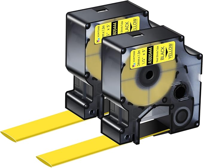 Compatible for Dymo 1805444 Heat Shrink Tubes 24mm Label Tape for Wires Cables 1 Inch x 4.9 ft Used in Rhino Pro 6000 6500 Industrial Label Makers, Black on Yellow, 2 Pack