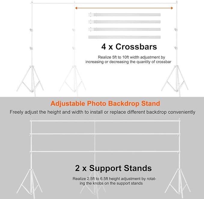 6.5 x 10ft Adjustable Backdrop Stand Kit,Heavy-Duty Photography Background Support System with Clamps & Carry Bag,Photo Video Studio Backdrop Stand for Parties,Weddings,Green Screen & Banner Display