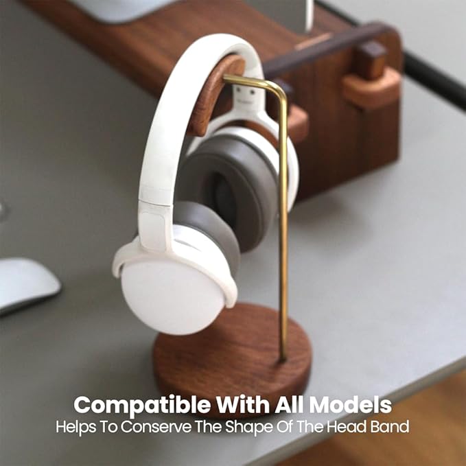 Unchained Workshop Handmade Brass and Wood headphone stand, Headset Stand for Desk, compatible with all models