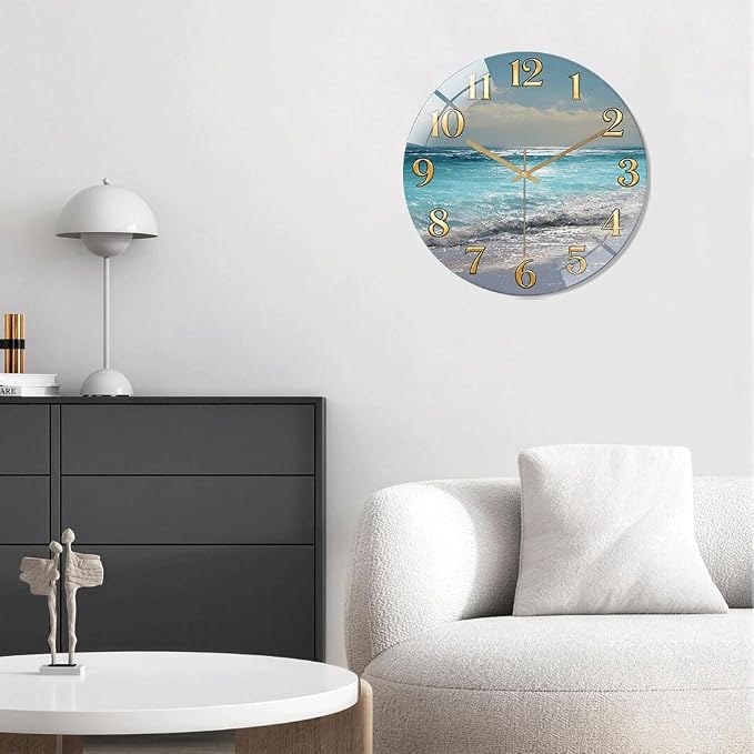 24 Inch Ocean Beach Glass Wall Clock Silent Coastal Art Decor | Silent glossy wall clock featuring a stunning ocean beach scene, perfect for adding a coastal vibe to living room or bedroom