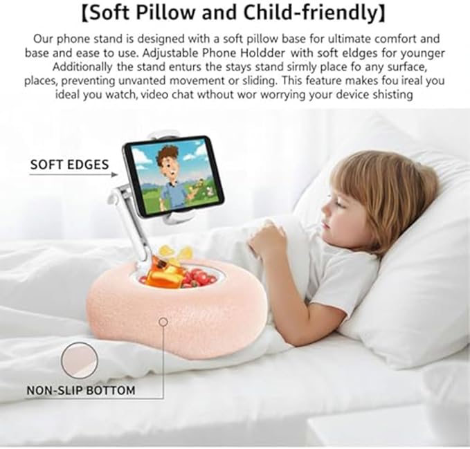 Fuzzy Pillow Phone Holder with Snack Bowl, Adjustable 360° Rotating Magnetic Stand for Phone/Tablet/Kindle iPad, Soft Plush Fabric, Detachable Snack Bowl for Reading for Bed (Magnetic-Pink)