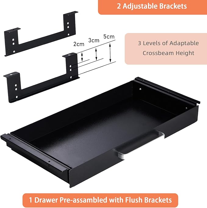 OSteed Under Desk Drawer Organizer 21" Black Upgraded with Adjustable Brackets, Sliding Pull-Out Under Table Pencil Drawer, Office Standing Desk Attachment for Workbench