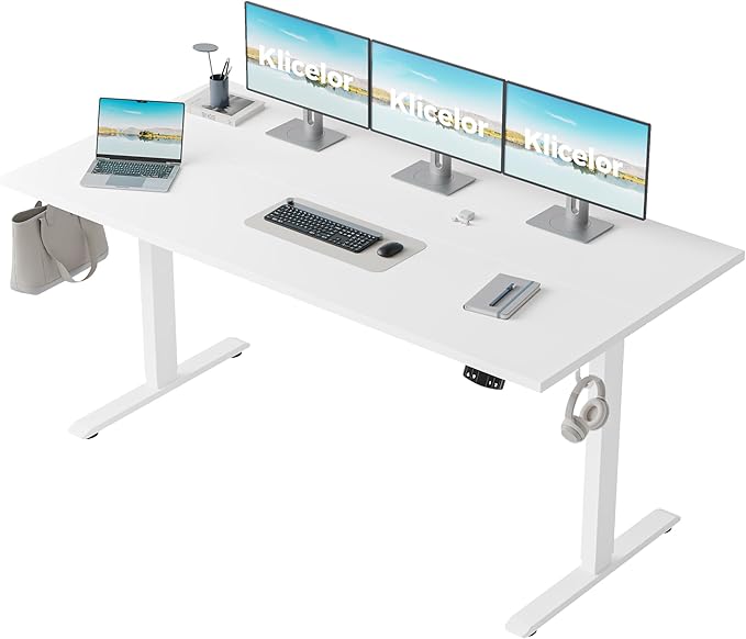 Klicelor 60 Inch Large Electric Standing Desk, Height Adjustable Office Desk, Sit Stand Up Computer Gaming Desk with Memory Preset, Two-Piece Desktop, White