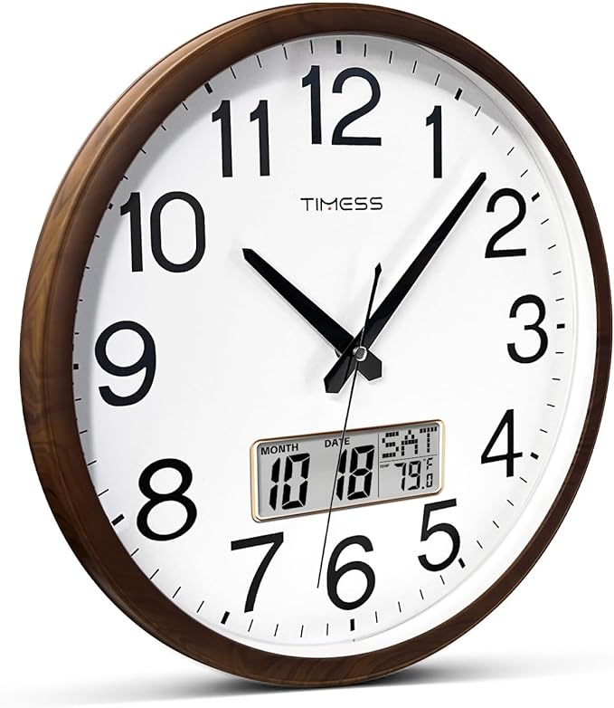 TIMESS Wall Clock, Classic Wood Style Finish, 13 Inch Non-Ticking Silent Battery Operated Quartz Analog with Perpetual Calendar and F° Temperature Display, Home, Office Décor (Chestnut Brown)