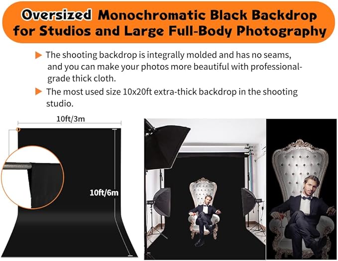 Black Backdrop, 10x20 ft Large Photo Backdrop Curtain for Photoshoot, Party, Black Background Screen for Photo, Video Photography, Studio