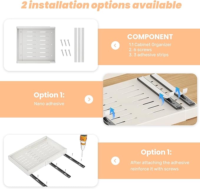 4Pack Expandable Pull-Out Cabinet Organizer 21" Deep Slide Out Drawers, Upgrade 3 Slide Rails, Adjustable Width 12.4”-20.4”, With Screws and Nano Film Adhesive， White