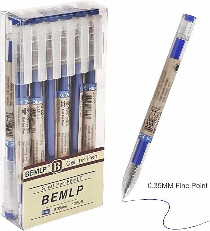 BEMLP Gel Ink Pen Extra fine point 0.35mm Blue Liquid Rollerball Pens Quick Drying Gel Pens School Office student Exam Writing Stationery Supply 12 Pcs/Set (Blue)