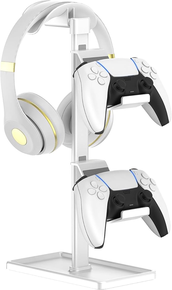 SHUOSUO Controller Holder, Headphone Stand, Gaming Controller Stand for Xbox PS5 PS4 Switch, Headset Holder with Storage Organizer, Universal Desk Game Accessories (White)