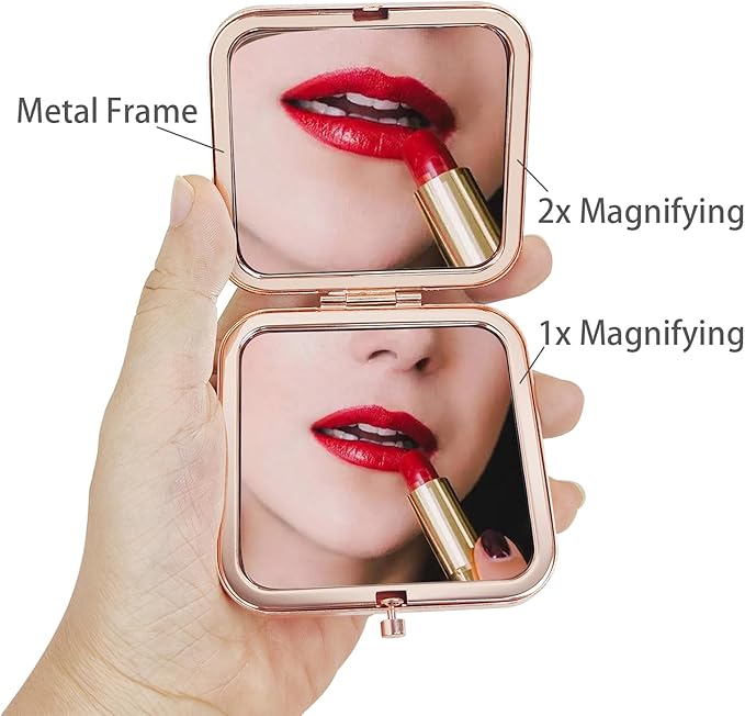 Small Compact Mirror, Rosegold Square 2.8”×2.8” Metal Frame Smooth Style Double Sided Mini Magnifying 1X/2X Mirror for Purse Can be Used as Gifts for Woman (RGNe03)