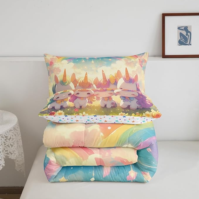 Unicorn Comforter Set King Size,Reversible Cute Unicorn Rainbow Cartoon Horse Animal Bedding Set All Season Quilt Set,Kawaii Style Flowers Galaxy Cloud Microfiber Polyester Down Comforter