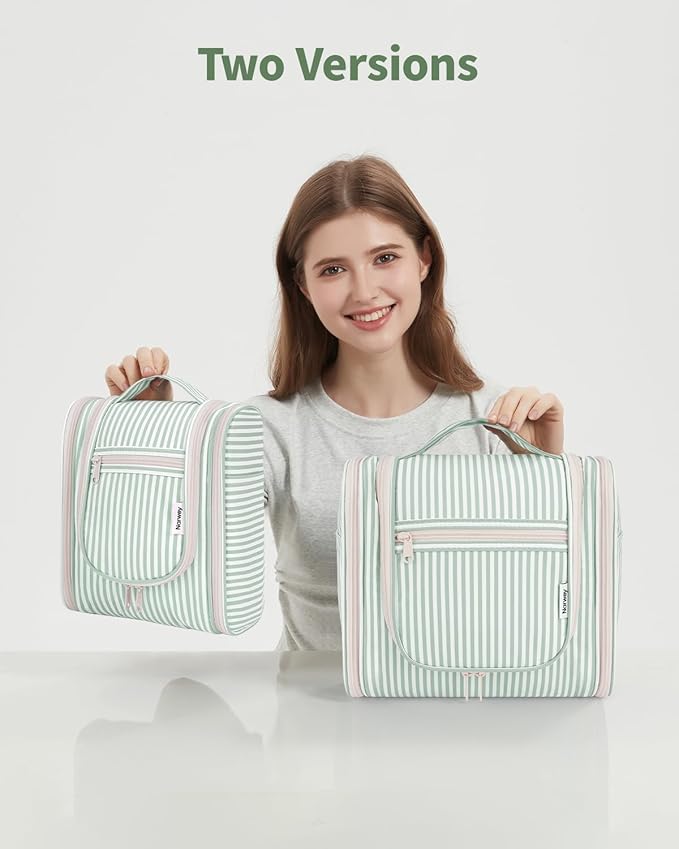 Narwey Striped Hanging Travel Toiletry Bag for Women, Travel Bag for Toiletries, Makeup Bag Organizer Cosmetic Bags Make Up Bags for Women (Mint Green Stripe)
