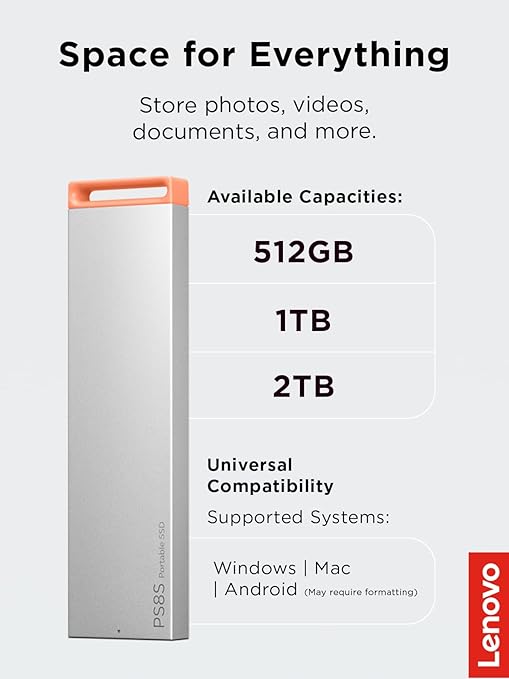 Lenovo PS8S 512GB Portable SSD, Up to 1050MB/s Read, 1000MB/s Write, USB 3.2 USB-C, Slim Lightweight (40g) Aluminum Body, Reliable Storage for PC/Mac & Android