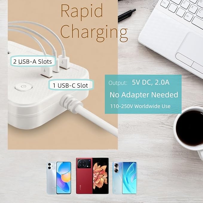 6Ft Extension Cord with Multiple Outlets, Surge Protector Power Strip 4 AC Outlet s & 3 USB Ports Dual Voltage Multi Plug Outlet Extender for Home, Office, Dorm Room Essentials, White