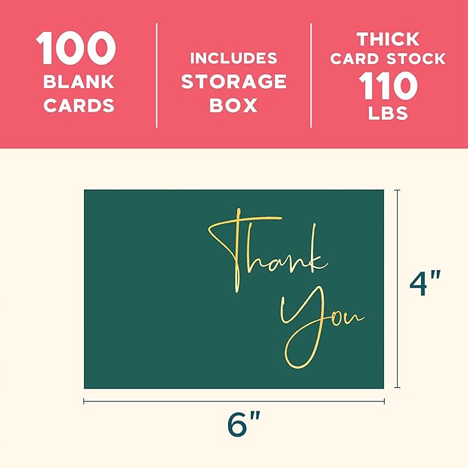 VNS Creations Gold Foil Thank You Cards With Envelopes Bulk Set & Stickers - 100 Pack 4x6 Blank Thank You Notes Set - Large Note Card Small Business, Wedding, Baby Shower & Bridal Shower - Post Green