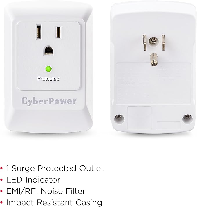 CyberPower CSB100W Essential Surge Protector, 900J/125V, 1 Outlet, Wall Tap, White, UL Listed
