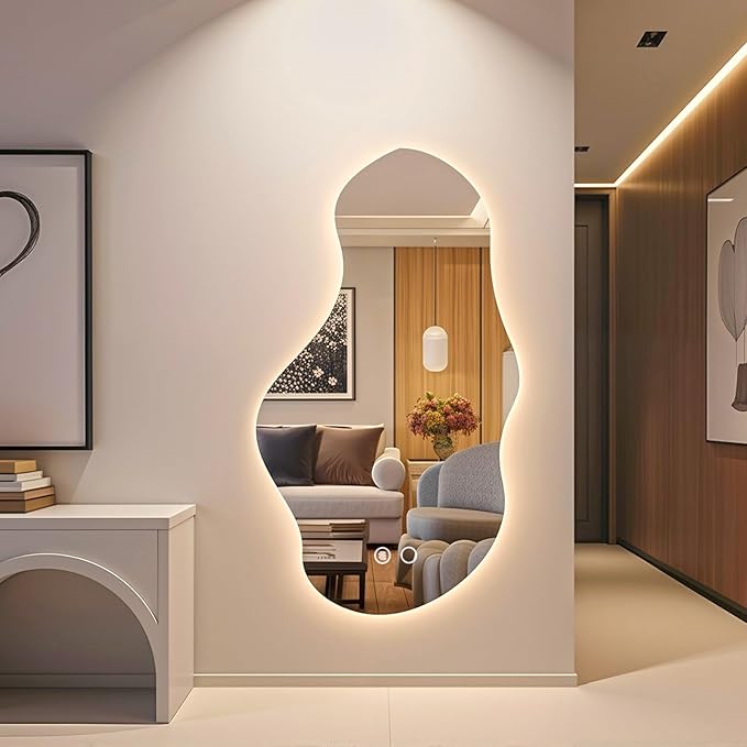 Modern Irregular LED Bathroom Mirror with Lights, Asymmetrical Frameless Smart Lighted Wall Mirror for Living Room Entryway, Large Decorative Makeup Vanity Mirror with Touch Switch(22.5″x39.4″)