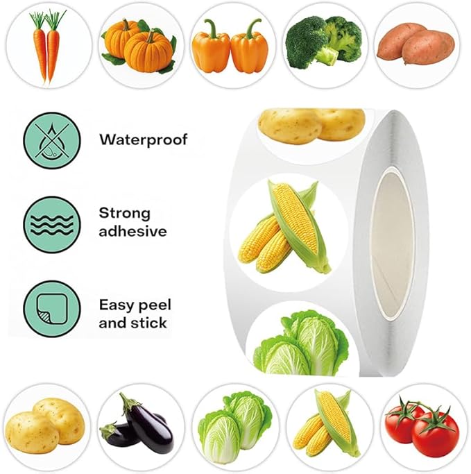 500 Pcs Funny Vegetable Stickers Roll, 10 Styles Cartoon Cute Vegetable Stickers for Teens, Waterproof Vinyl Stickers for Journal Scrapbook, Party Favors Classroom Rewards (500 per Roll)