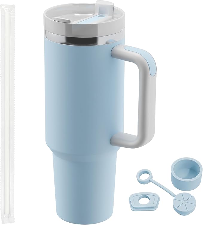 40 oz tumbler with handle and straw,Double Wall Vacuum Reusable Stainless Steel Insulated Water Bottle,With Leak Proof lid and Straw for Iced or Cold Beverages (Glacier)