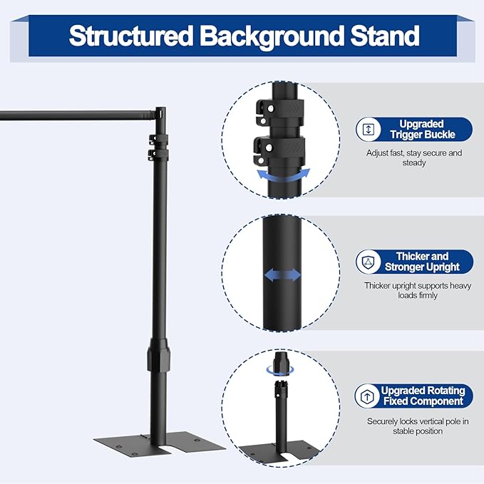 EMART Backdrop Stand Heavy Duty 10x10FT, Pipe and Drape Photo Background Photography Kit, Adjustable Metal Frame with Flat Base for Wedding Birthday Party Decoration-Black