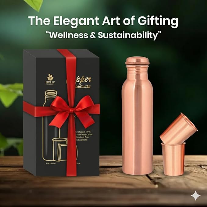 Pure Copper Water Bottle and 2 Tumbler Set - 34oz Smooth Vessel with 10oz Cups - Artisan Handcrafted Drinkware Kit - Sustainable Gift Box