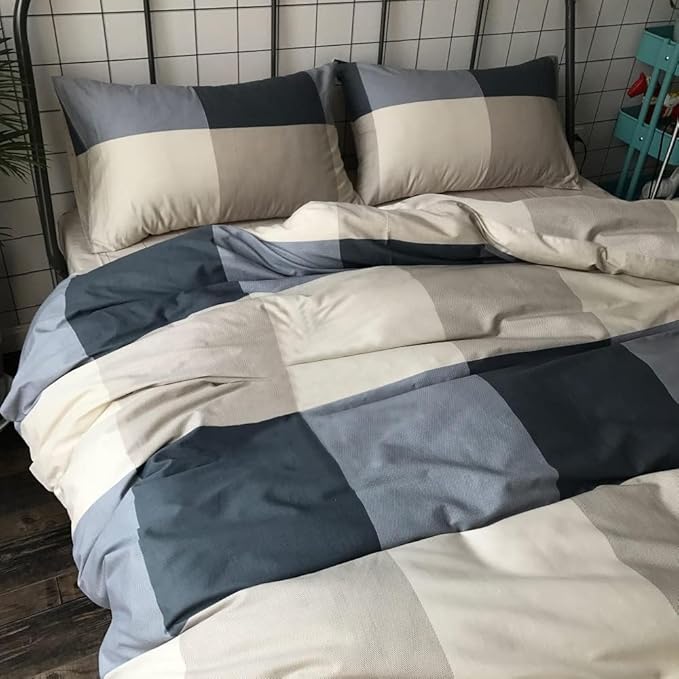 King Comforter Set Modern Style Checkered Pattern Comforter Boho Plaid Comforter Set 1 Geometric Comforter with 2 Pillow Shams Fluffy Bedding Set for All Seasons King Size Comforter Set for Men Women