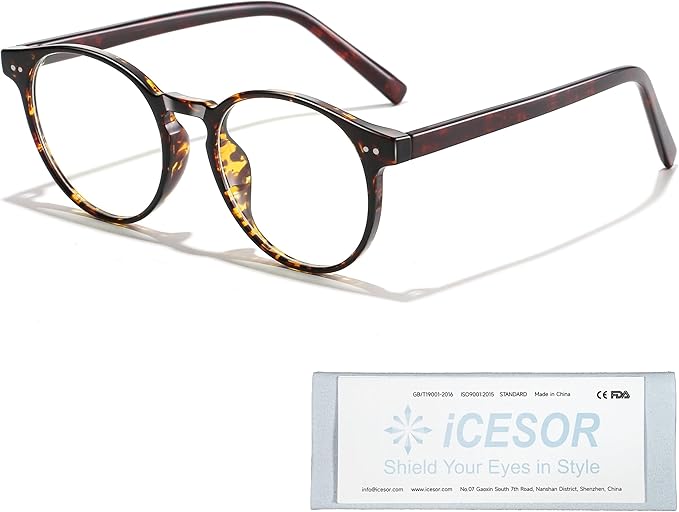 Icesor Round Blue Light Blocking Glasses Lightweight Chic Frame Anti Eye Strain Protection Computer Gaming for Women and Men