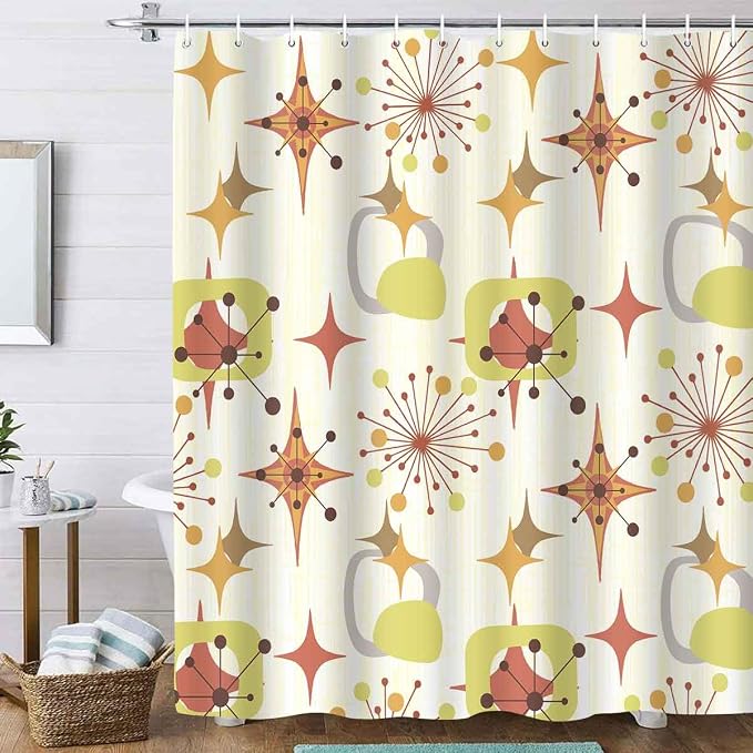 Mid Century Shower Curtain, 72x78inch, Modern Abstract Retro Yellow Striped Geometric Shower Curtain Sets 1950s Boho Bathroom Shower Curtain with 12 Hooks