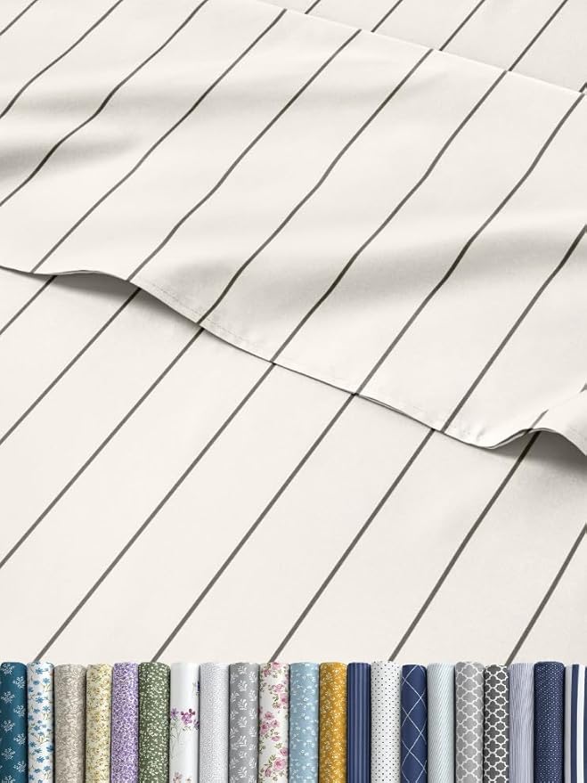 Striped Sheets - Beige & White Striped Sheets - 1 Flat & 1 Fitted & 2 Pillowcases w/ Deep Pockets – Wrinkle & Fade Free - Soft, Breathable & Cooling – Luxury Pinstripe Bedding - Cal King Size Bed Set