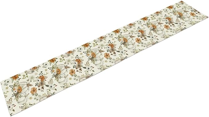 Fall Pumpkin Table Runner Rustic Floral Watercolor Plants White Vegetables Flowers Pastoral Theme Home Decor for Farmhouse Indoor Outdoor Party Holiday Dining Kitchen Restaurant Cafe W13xL90in