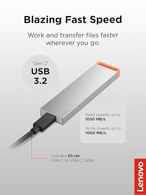 Lenovo PS8S 512GB Portable SSD, Up to 1050MB/s Read, 1000MB/s Write, USB 3.2 USB-C, Slim Lightweight (40g) Aluminum Body, Reliable Storage for PC/Mac & Android