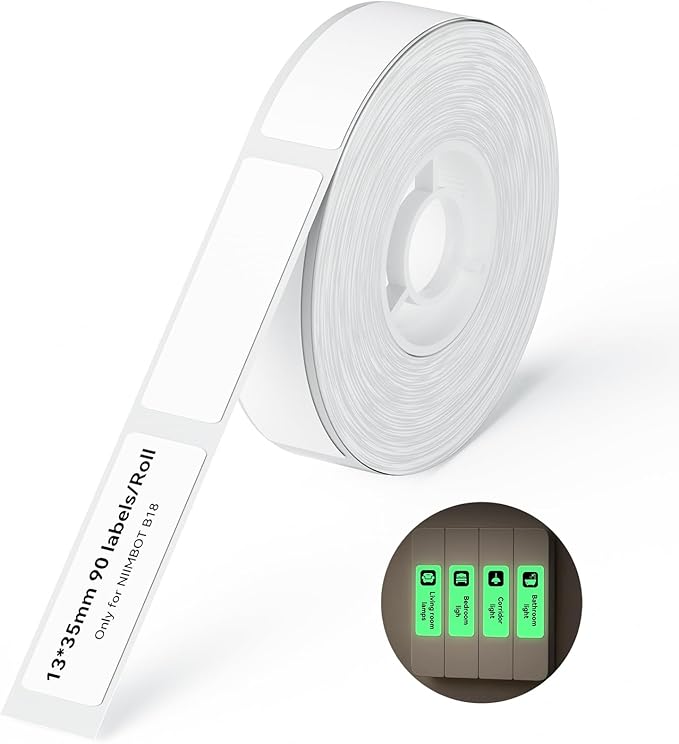 NIIMBOT B18/N1 Thermal Transfer Labels 0.51" x 1.37" (13x35mm), Only for B18/N1 Label Maker, PET Material, Waterproof and High-Temperature Resistance, Long Storage Time,Luminous