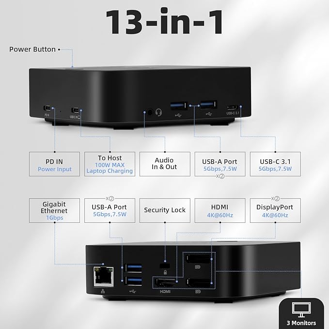RVP+ Docking Station 3 Monitors USB C, 13-in-1, Triple Display-4K HDMI & DisplayPort Dual Monitors, 5Gbps USB-C/A Data Transfer, 100W Laptop-Charging, Gigabit Ethernet, Audio, Black